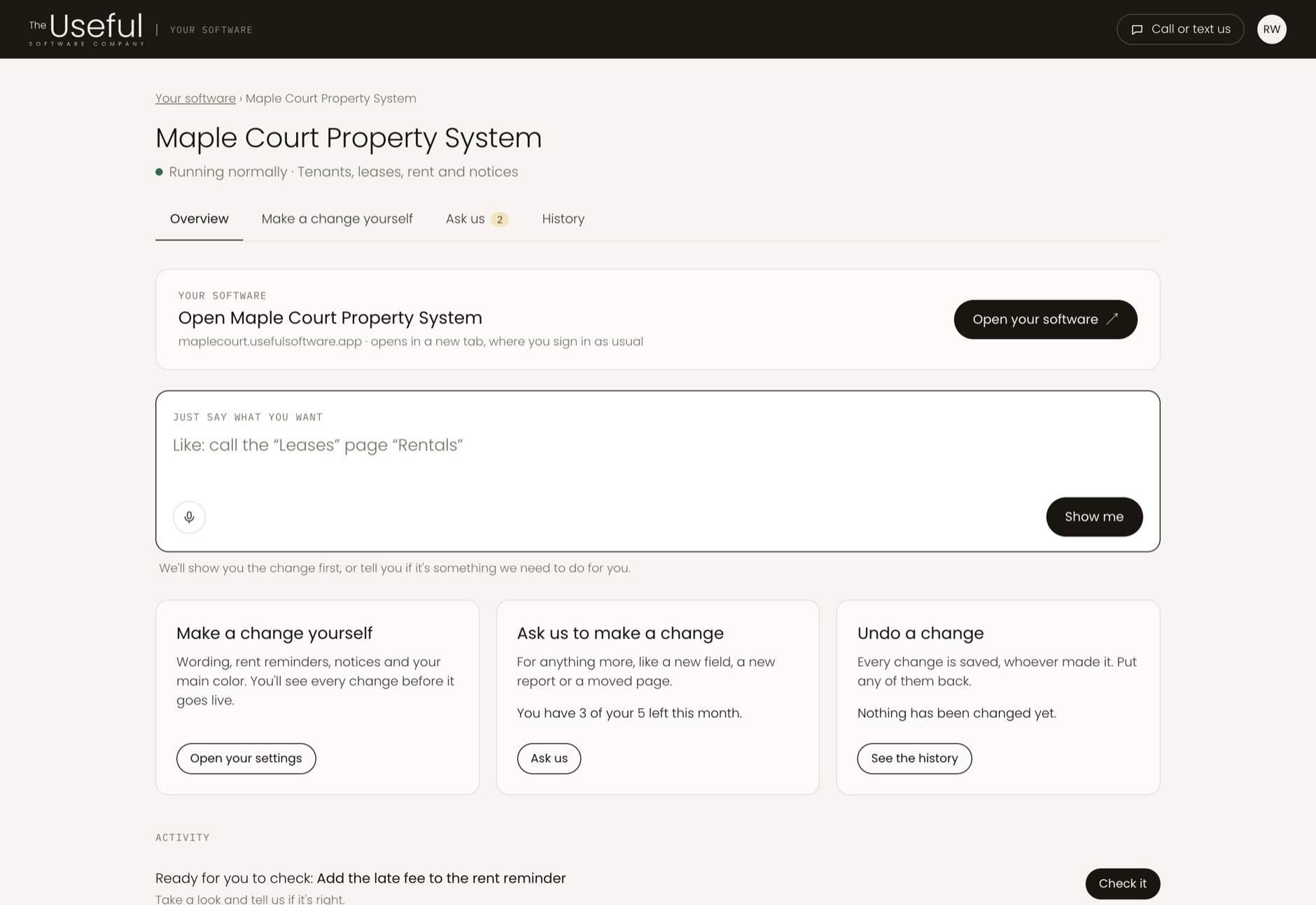 One system's page with sample data: open it, say what you want changed, or ask us
