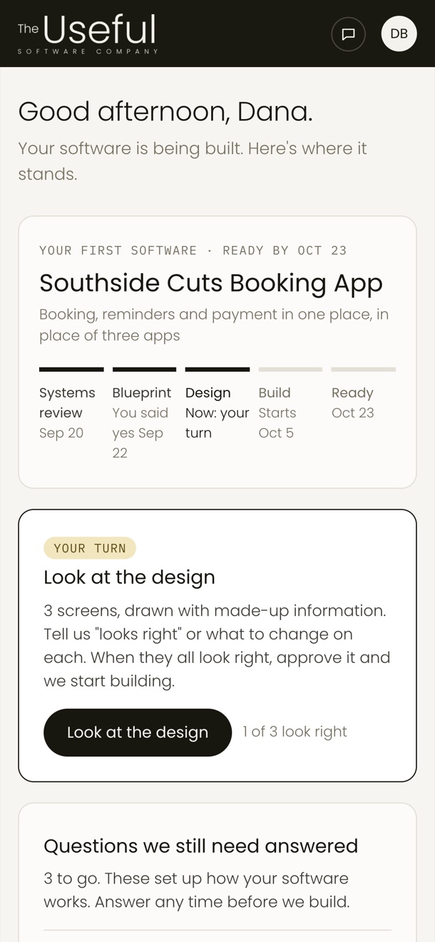 The same build's home page on a phone: every step, the date it's ready, and what's your turn