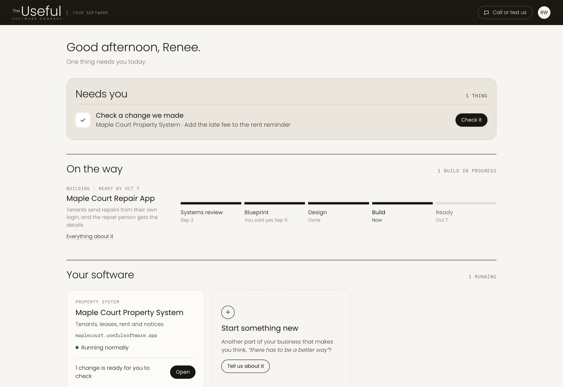 A client's home page with sample data: what needs them, a build on the way, and the software they already run